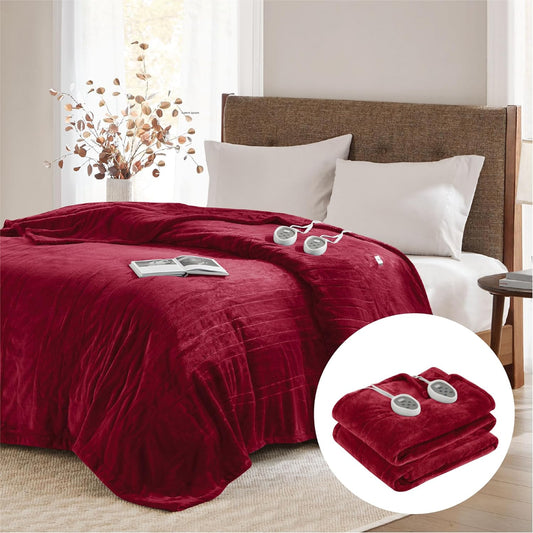 Red Electric Blanket, Soft Luxury Fleece Heated Blanket Queen Size, Washable, 20 Temperature Level, Dual Control, Auto Shut Off, 84Wx90L